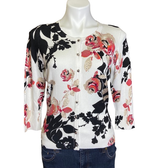 White House Black Market Sweaters - WHBM Floral 3/4 Sleeve Rhinestone Embellished Cardigan Sweater Medium